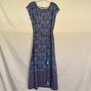 Boden Belted Jersey Maxi Dress Size 12 Oriental Meadow Floral Blue and Pink Knit